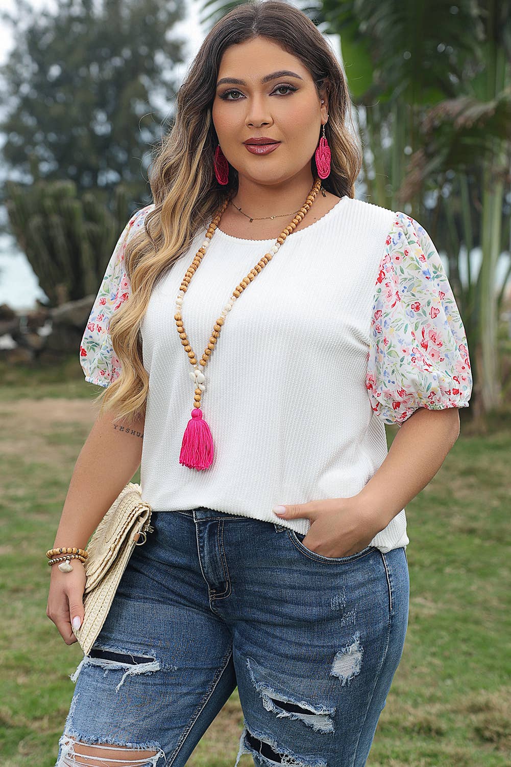 Floral Puff Sleeve Round Neck Ribbed Knit Plus Size Blouse
